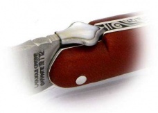 Rambaud Taschenmesser mit 10 cm Klinge, Griff aus rotem Leder mit Perlmutt Einlage, Platinen aus Edelstahl matt