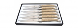 Neu:Set  mit 6 Tafelmesser, 2 Edelstahl-Backen, Mont-Saint-Michel Sandgriff, matt lackiert.