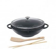 Wok Set mit emailliertesn Gusseisen mit Glasdeckel und Zubehör statt 149,00 €